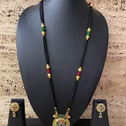 Digital Dress Room Gold-Plated Black & Red Stone-Studded Beaded Mangalsutra Set-0