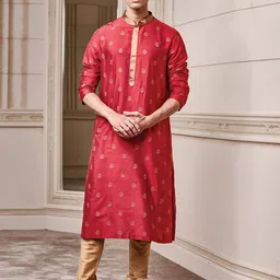 Tasva Men Red Ethnic Motifs Printed Kurta with Churidar-3