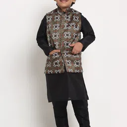 Benstoke Boys Black Kurta with Pyjama with printed Nehru Jacket-picture-40