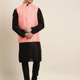 SOJANYA Men Black & Peach-Coloured Kurta with Churidar & Embroidered Nehru Jacket-picture-10