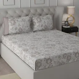 MASPAR Brown & Grey Floral Printed 200TC Cotton Double Bedsheet With Pillow Cover-image-29