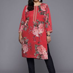 A PLUS BY AHALYAA Plus Size Floral Printed Round Neck Straight Kurta-image-4
