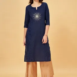 RANGMANCH BY PANTALOONS Embroidered Notched Neck Sequinned Straight Pure Cotton Kurta-42