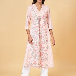 RANGMANCH BY PANTALOONS Floral Printed V-Neck Pure Cotton Anarkali Kurta-image-39