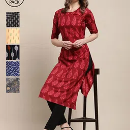 1 Stop Fashion Women Pack Of 6 Ethnic Motifs Printed Crepe Kurta-picture-13