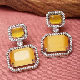 ZENEME Rhodium-Plated American Diamond Studded Square Shaped Drop Earrings-52