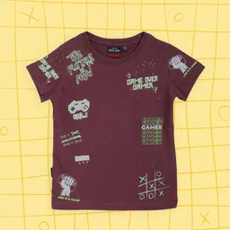 Gini and Jony Boys Burgundy & Grey Pure Cotton Typography Printed T-shirt-image-82