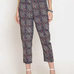 Sera Navy Blue Ethnic Motifs Printed Cotton Cigarette Trousers-33