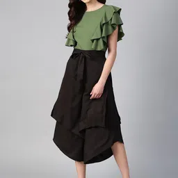 Bitterlime Women Olive Green & Black Ruffled Top with Layered Trousers-image-48