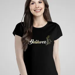 Pootlu Women Black Typography Printed Cotton T-shirt-image-103