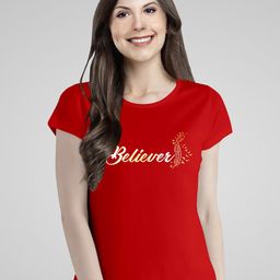 Pootlu Women Red Typography Printed Extended Sleeves T-shirt-image-68