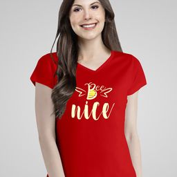 Pootlu Women Red Typography Printed V-Neck Cotton T-shirt-image-81