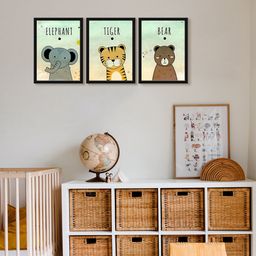 999Store 3-Pcs Yellow & Blue Elephant Tiger Bear Face Painting Framed Wall Art-image-0