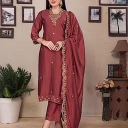 SUNDARNAARI Women Ethnic Motifs Embroidered Regular Thread Work Kurta with Trousers & With Dupatta-56