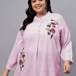 Indietoga Women Plus Size Floral Printed Embroidered Mandarin Collar Cotton Top-picture-56