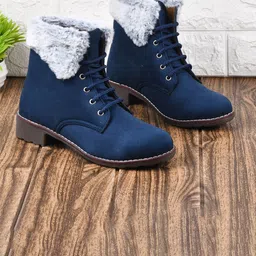 THE WHITE POLE Women Navy Blue Solid Fur Suede Boots-19