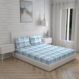 Boutique Living India White & Turquoise Blue Pure Cotton King Bedsheet 2 Pillow Covers-image-62