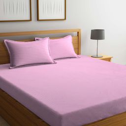 KLOTTHE Pink Striped 300 TC Fitted Double Bedsheet With 2 Pillow Covers-image-17