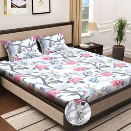 KLOTTHE White & Blue Fitted Floral 300 TC Double King Bedsheet with 2 Pillow Covers-image-92