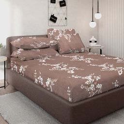 KLOTTHE Book Fold Brown & White Floral 300TC Fitted Double King Bedsheet & 4 Pillow Covers-image-52