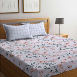 KLOTTHE Pink & Green Floral Printed Cotton Blend 300TC King Bedsheet & 2 Pillow Covers-image-40