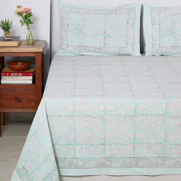 HANDICRAFT PALACE Sea Green & Pink Ethnic Motifs 300 TC Queen Bedsheet with 2 Pillow Covers-1