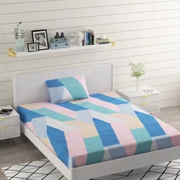 BELVOSTUM Ashley White & Pink Geometric 220 TC Single Bedsheet with 1 Pillow Cover-image-89