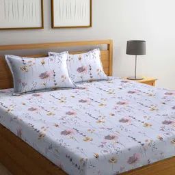 KLOTTHE Grey & Pink Floral 300 TC Super King Double Bedsheet With 2 Pillow Covers-image-79
