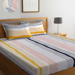 KLOTTHE White Striped 300 TC Fitted Super King Double Bedsheet with 2 Pillow Covers-image-42