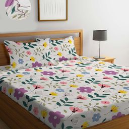 KLOTTHE Floral Printed 300 TC Fitted King Bedsheet with 2 Pillow Covers-image-93