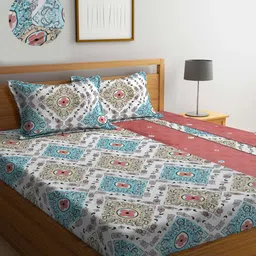 KLOTTHE Geometric Print 300 TC Fitted King Bedsheet with 2 Pillow Covers-16