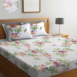 KLOTTHE White Floral Print 300 TC Fitted Super King Double Bedsheet with 2 Pillow Covers-picture-49