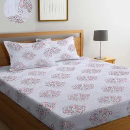 KLOTTHE Grey Floral Printed 300 TC Fitted Super King Double Bedsheet with 2 Pillow Covers-image-99