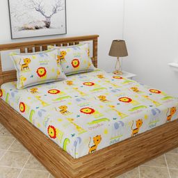 MORADO Off White & Yellow Cartoon Characters 210 TC Queen Bedsheet with 2 Pillow Covers-image-103