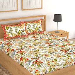 Lali Prints Red & White Floral Cotton 250 TC King Bedsheet With 2 Pillow Covers-picture-16