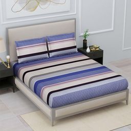 Home Fresh Blue & White Striped 120 TC King Bedsheet with 2 Pillow Covers-image-4