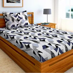 AEROHAVEN Blue & White Geometric 210 TC Single Bedsheet with 1 Pillow Covers-image-58