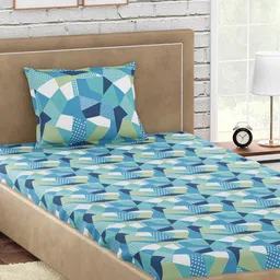 PETAL HOME Blue & Green Geometric 300 TC Cotton Single Bedsheet with 1 Pillow Covers-image-45