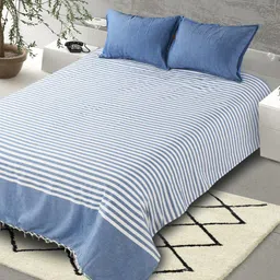 Saral Home Blue & White Striped Cotton 160 TC King Bedsheet with 2 Pillow Covers-picture-57
