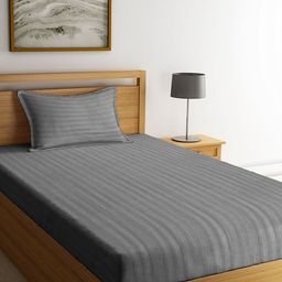 AEROHAVEN Grey Striped Cotton 300 TC Single Bedsheet with 1 Pillow Cover-picture-28
