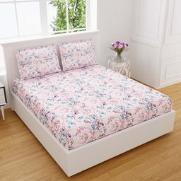 EasyGoods Pink & Blue Floral Cotton 300 TC King Bedsheet with 2 Pillow Covers-picture-24