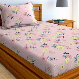 AEROHAVEN Pink & Blue Floral 210 TC Single Bedsheet with 1 Pillow Covers-image-43