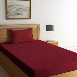 SOKNACK Maroon Striped 300 TC Single Bedsheet with 1 Pillow Covers-image-86