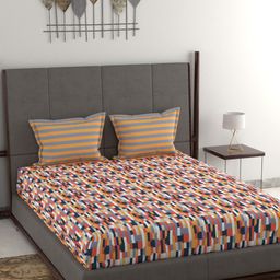 MYTRIDENT Orange  White Geometric 120 TC Queen Bedsheet with 2 Pillow Covers-46