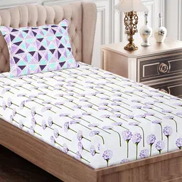 SEJ by Nisha Gupta Purple & Off White Floral 180 TC Single Bedsheet with 1 Pillow Cover-image-53