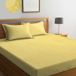KLOTTHE Yellow Striped 300 TC Fitted Super king Double Bedsheet With 2 Pillow Covers-image-87