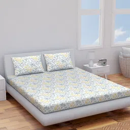Himeya White & Yellow Floral Pure Cotton 144 TC King Bedsheet with 2 Pillow Covers-image-79