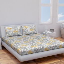 Himeya Yellow & White Floral Cotton 120 TC King Bedsheet With 2 Pillow Covers-image-46