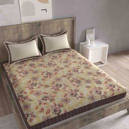 Spangle Yellow & Brown Floral 260 TC Cotton King Bedsheet with 2 Pillow Covers-image-76