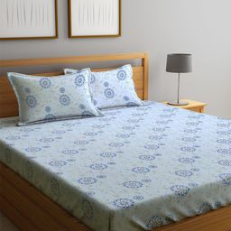 KLOTTHE Blue & Grey Floral Printed 300TC Fitted Double King Bedsheet With 2 Pillow Covers-image-44
